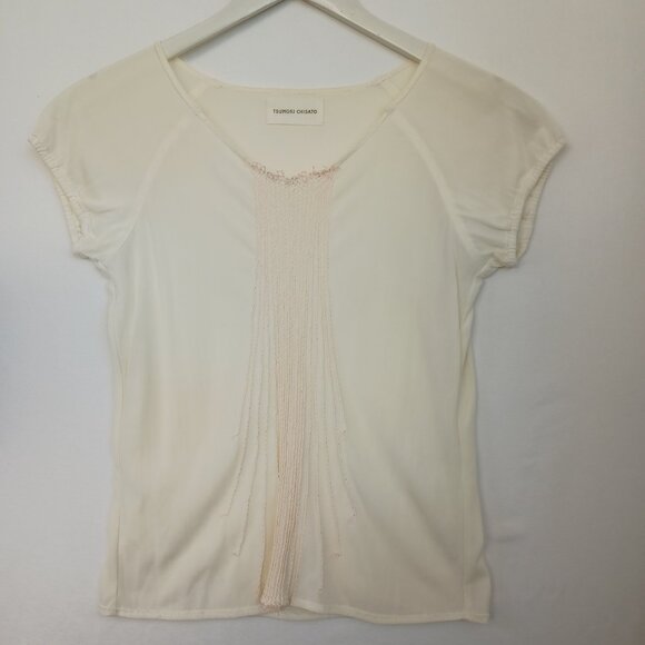 Tsumori Chisato Top Ivory Cream Silky Short Sleeve Designer Blouse Size Small - Picture 6 of 6
